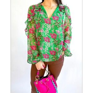 Sugarlips Womens Green Pink Floral Ruffle Long Sleeve Blouse Metallic Shimmer XS